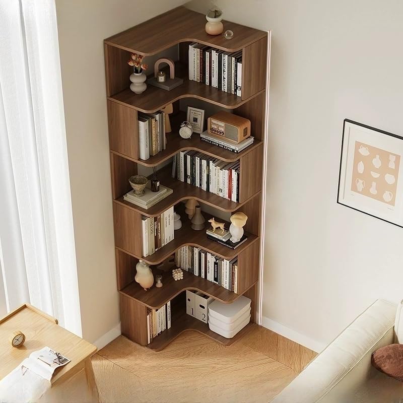 LITFAD Bookshelf Modern Vertical Corner Bookshelf Solid Wood Floor Bookcase with Shelves & Open Back Design Living Room Storage Shelves - Dark Walnut 24' L x 24' W x 75' H