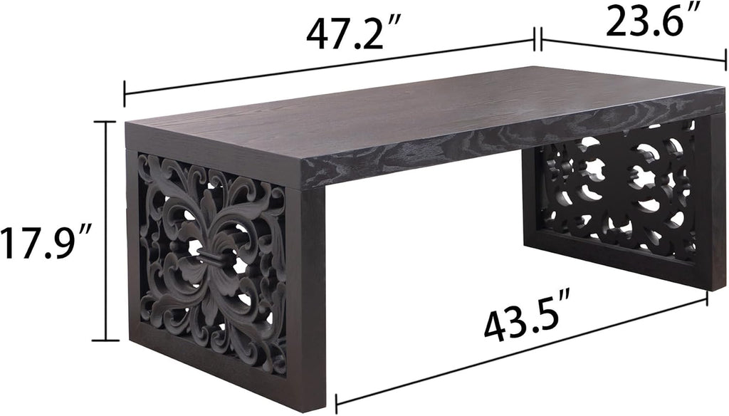 Rectangular Coffee Table with Handcrafted Ornate Side Panels, Rustic Center Table with Solid Wood Veneered, Farmhouse Tea Table for Living Room Office Apartment,47.2' L x 23.6' W x 17.9' H