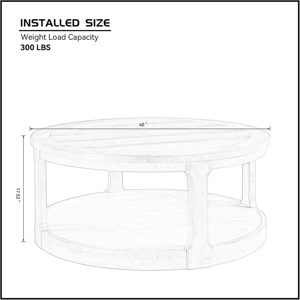 LKTART 40 Inch Round Coffee Tables for Living Room, Wood 2 Tier Circle Coffee Table with Wheels, Mid Century Large Center Table for Office, Apartment,Oak