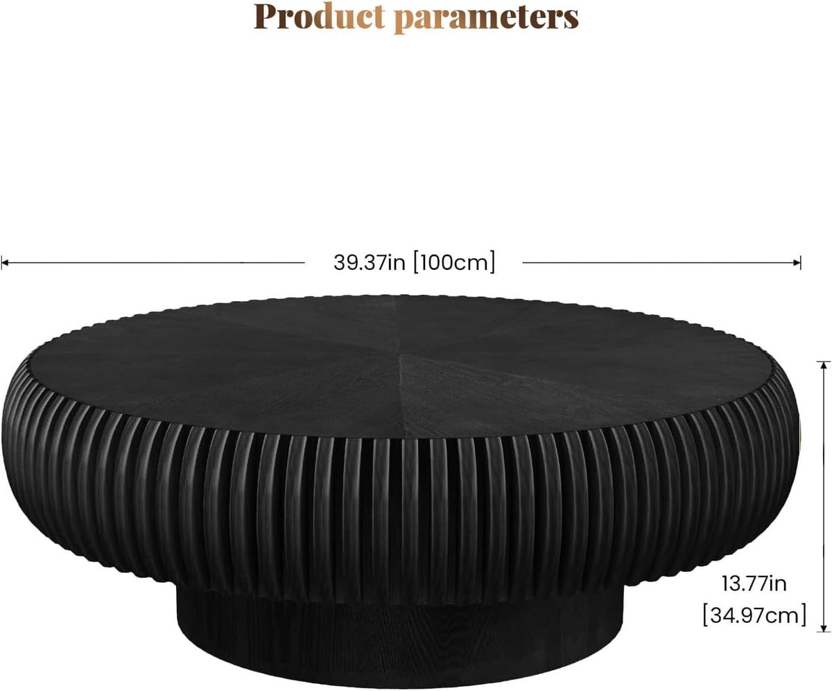 Black Round Drum Coffee Table Modern Circle Drum Fluted Wood Tea Table, Contemporary Center Table for Living Room (A Black 39.37' inch)