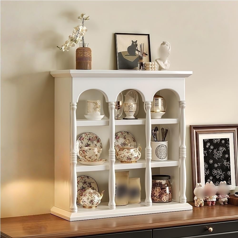 Rustic Coffee Mug Display Rack, Floating Solid Wood Mug Rack, Farmhouse Countertop Cup Holder, Space Saving Wall Mounted Vintage Kitchen Countertop Cup Organizer(White,18.5''x19.3''x5.9'')