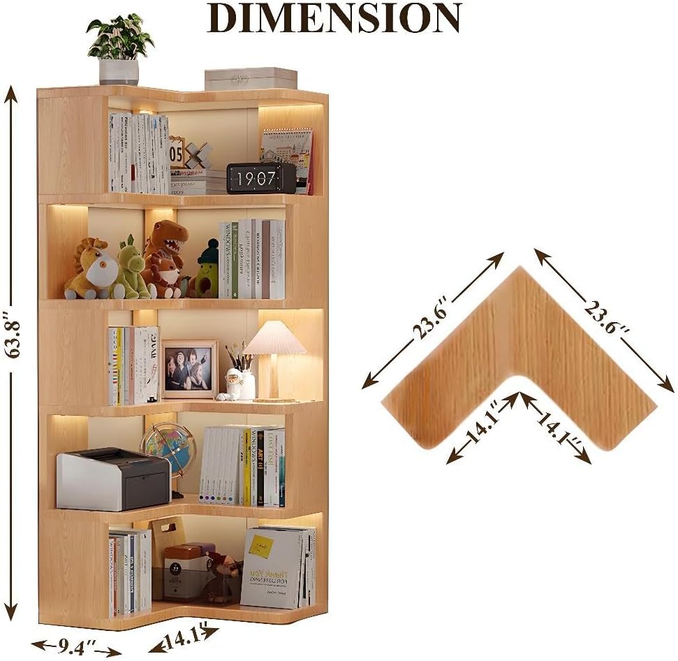 5-Tier L-Shaped Bookshelf, Wooden Tall Corner Shelf with Open Shelf Units, Decorative Display Storage Shelves for Living Room Bedroom Study Office, (Wood Grain)