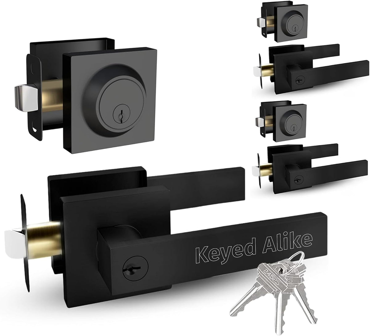 Mega Handles ROBELL Entrance Combo, Entry Lever Door Handle & Single Cylinder Deadbolt Lock & Key Pack, Heavy Duty Door Levers Set for Left or Right-Handed Doors - Matte Black (3 Pack) Keyed Alike