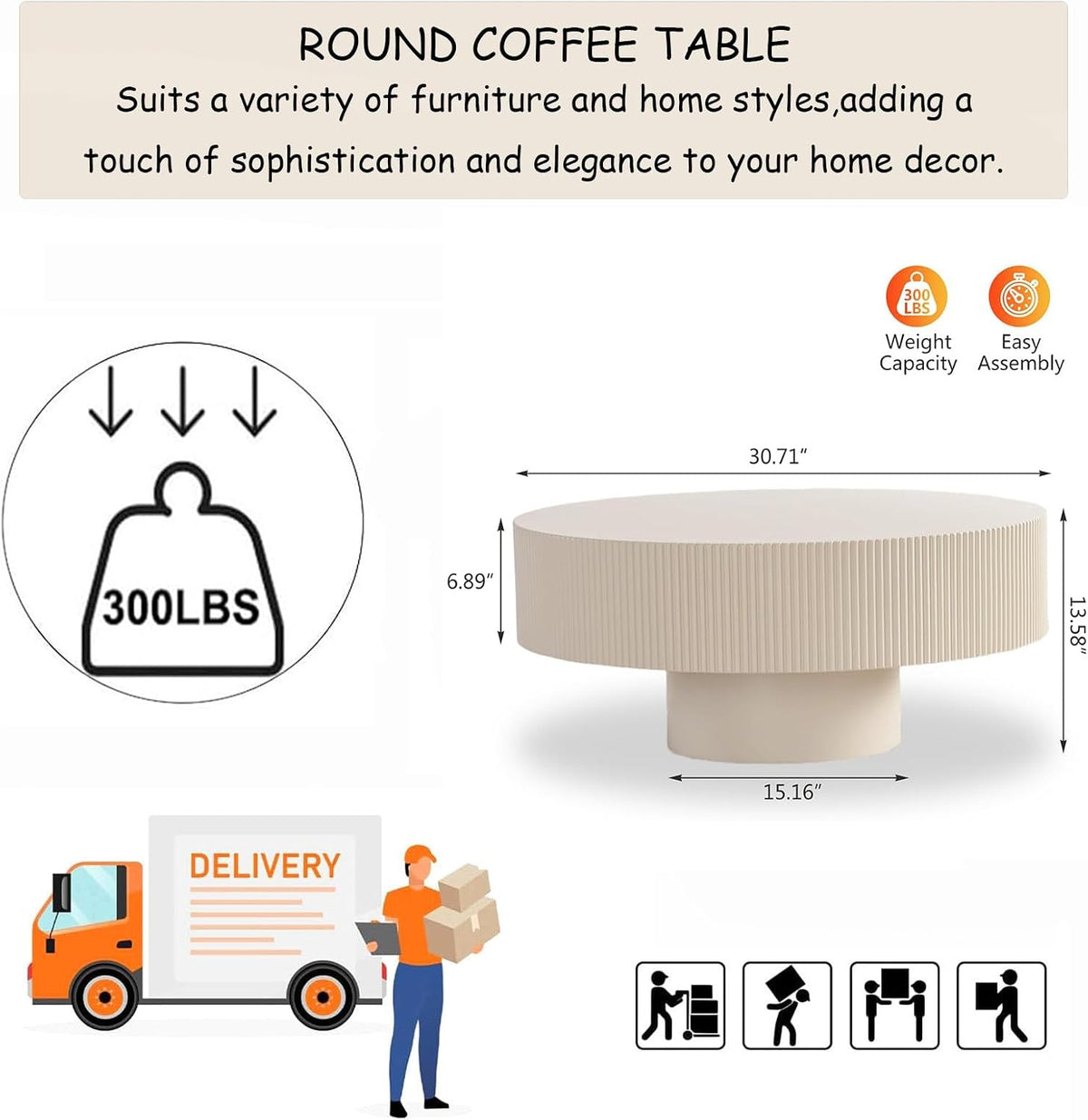Round Fluted Coffee Table Modern Handcraft Drum Chipboard Wood Center Table, Unique Mid Century Aesthetic Low Coffee Table, for Living Room, Apartment,B