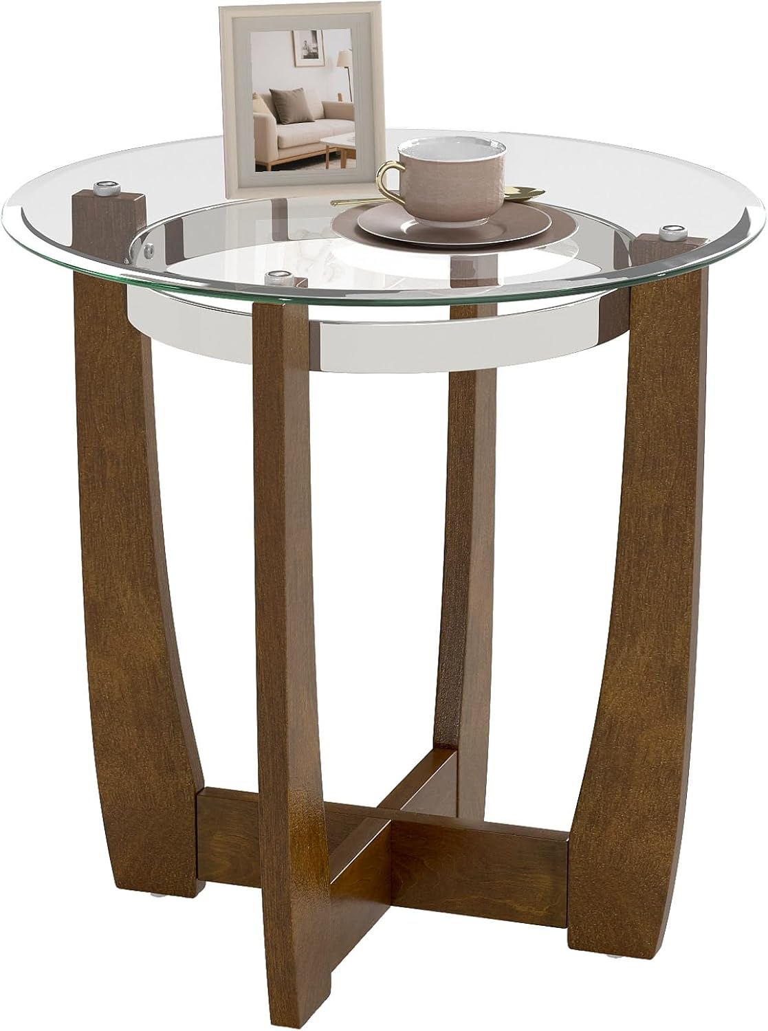 GOFLAME Glass End Table, 24' Round Sofa Side Table with Solid Rubber Wood Frame, Tempered Glass Top, Cross Base, Modern Circle Coffee Table for Living Room, Bedroom, Apartment, Walnut