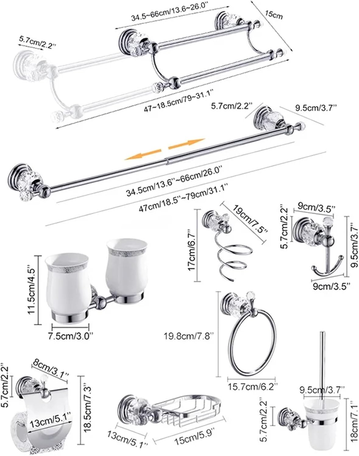 Bathroom Hardware Set Crystal Bath Towel Shelf Toilet Paper Holder Sliver Chrome Bar Robe Hook EL8130(Hair Dryer Holder)