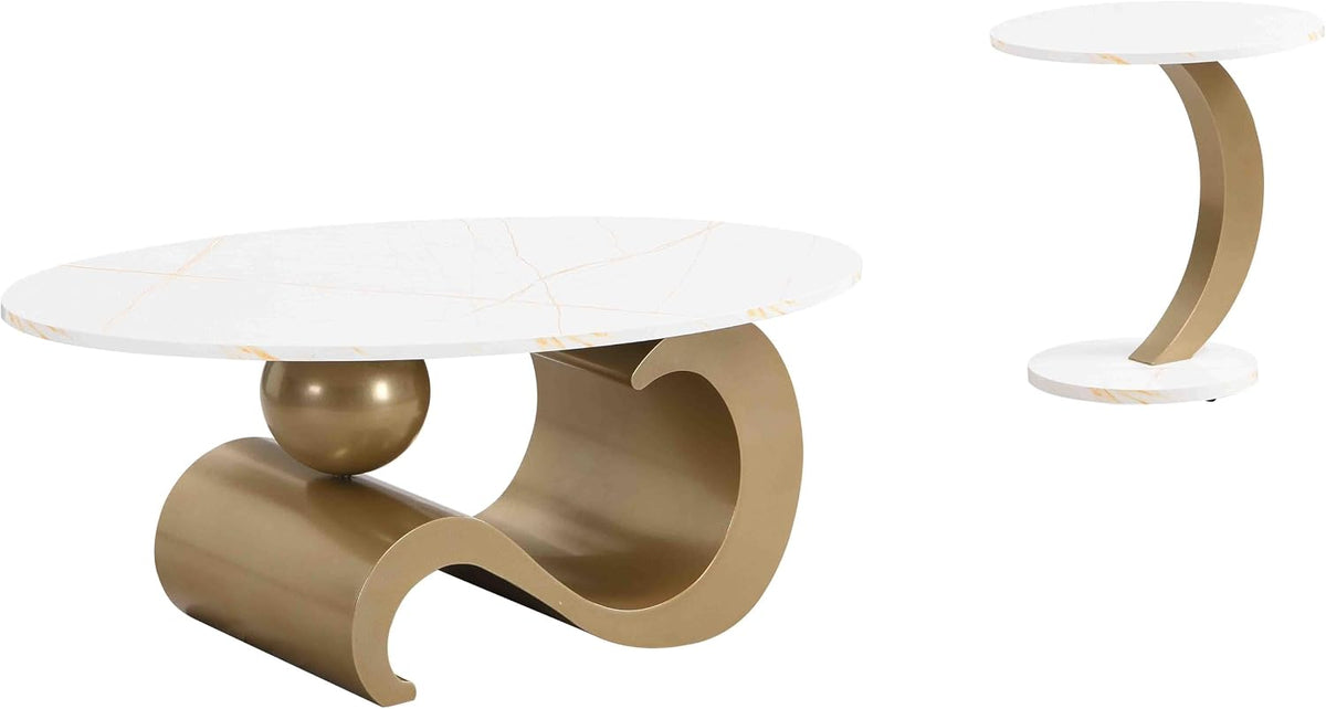 Faux Marble Nesting Coffee Table Set of 2,Modern Coffee Table Set with End Table,Oval Living Room Table with Gold Metal Base,White Marble Grain Top & 1 Drawer,Stack Tea Table Set