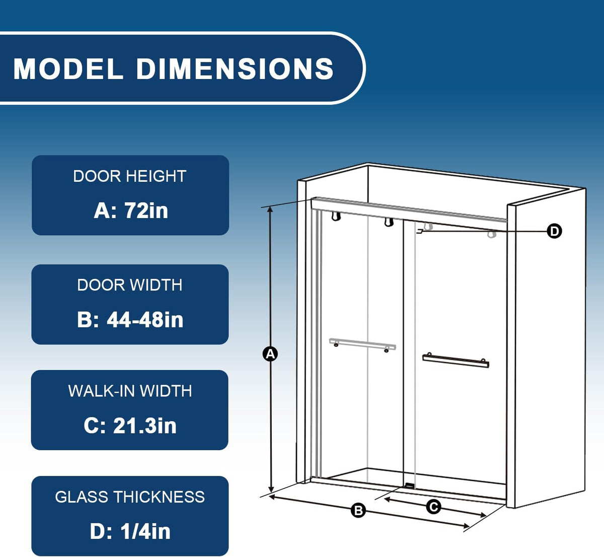 Shower Door 44-48' W x 72' H, Semi-Frameless Sliding Glass Shower Door, 1/4' (6mm) SGCC Tempered Glass Bathroom Sliding Door, Matte Black Finish, 304 Stainless Steel Hardware