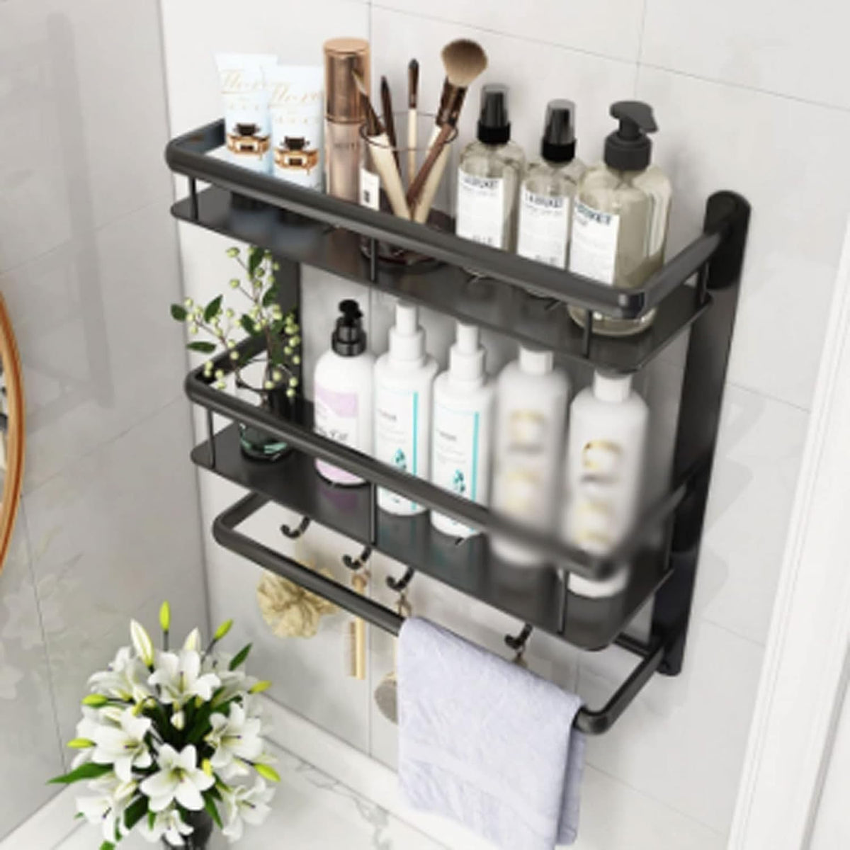 Storage Holders Black Shelf Aluminum Shower Caddy Corner Shelves Bath Towel Rack Shampoo Holder with Bar Hook Hair Dryer