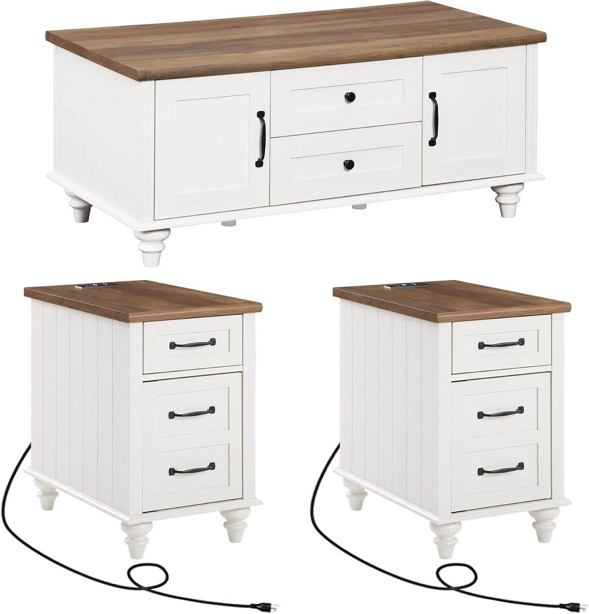 WAMPAT 3 Pieces Living Room Table Set, One Modern Coffee Table with Storage Cabinet, Set of 2 End Tables Nightstands with Charging Station, White