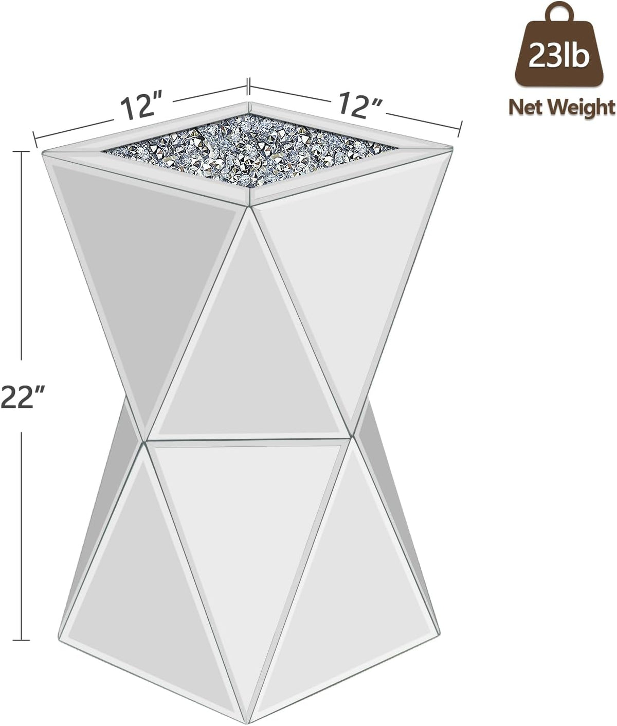 Pregaspor Sliver Mirrored End Table, Crushed Diamond Top Accent Side Table, Geometric Small Mirrored Coffee Table for Living Room, Bedroom, Corner, Small Space