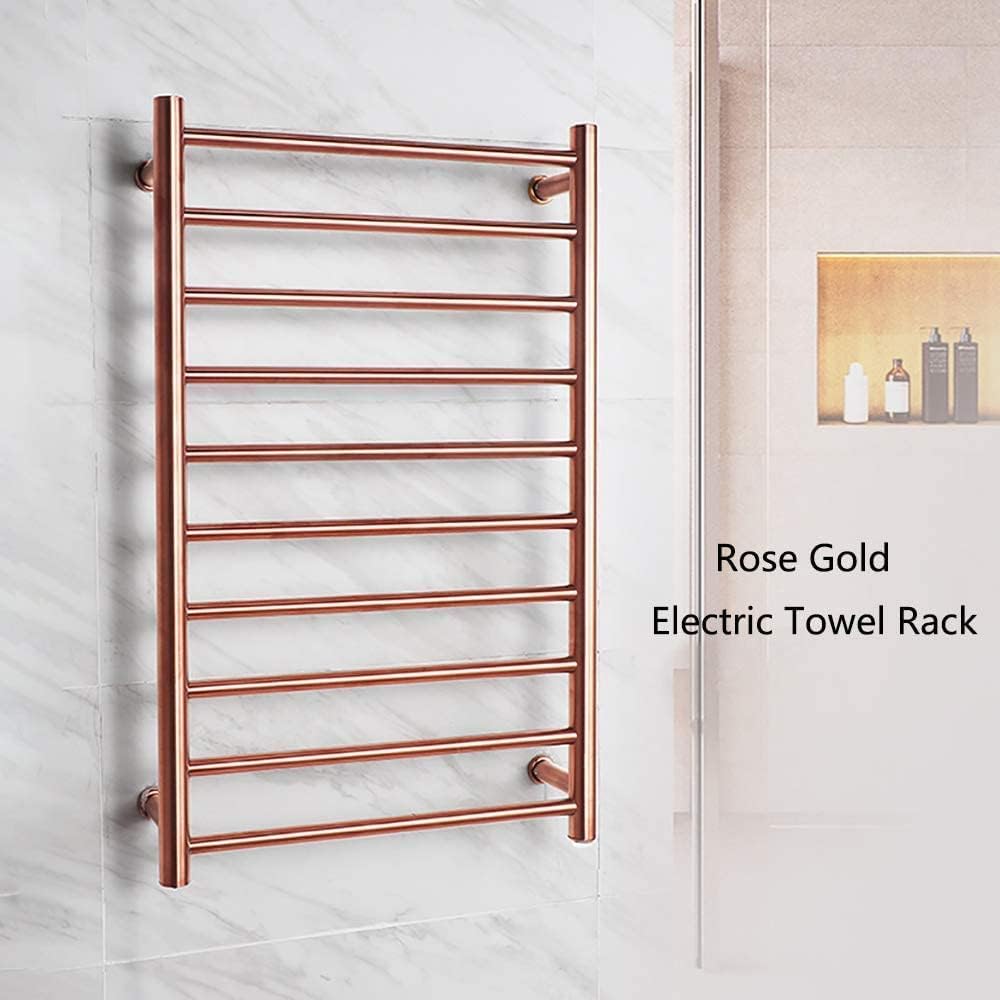 Electric Towel Warmer, Rose Gold Heated Towel Rack with 10 Bars 304 Stainless Steel Electric Drying Rack Wall Mounted Bath Towel Heater, Clothes Airer Dryer for Bathroom, 80(Plug in