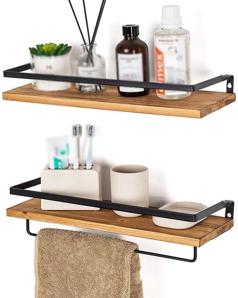 2 Pcs/Set Wall Mount Rack Wooden Kitchen Bathroom Storage Rack Holder Home Organizer Antique Wall Shelf Tray with Towel Bar (Color : B) (A)