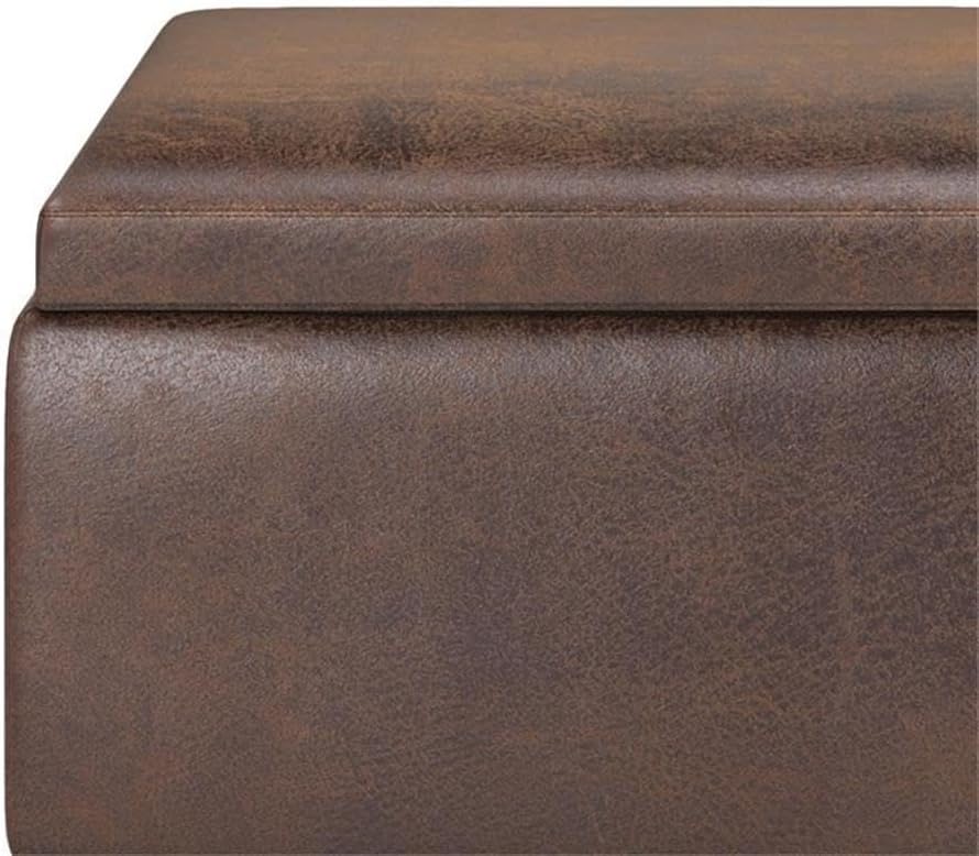 Pemberly Row Mid Century Faux Leather Storage Ottoman with Lift Top, Square Coffee Table for Living Room with Large Storage Space, Distressed Brown Upholstered Footrest with Wood Legs