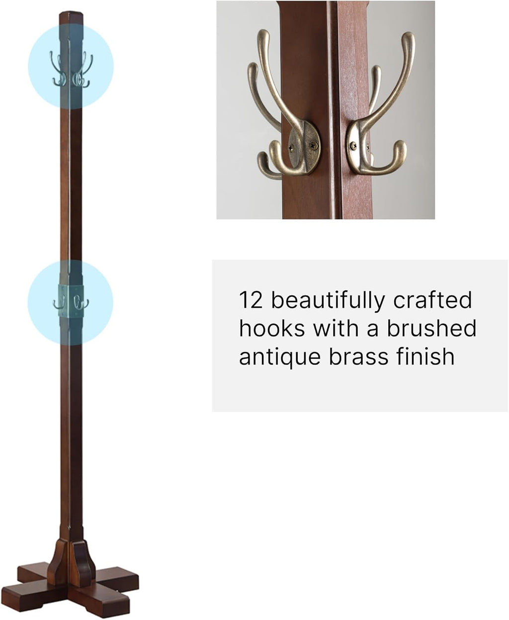 Proman Products Windsor Freestanding Wooden Coat Rack Stand with 12 Hanger Hooks for Clothes, Hats, Purses, Bags at Entryway, Bedroom, Living Room, Office, Mudroom, Walnut