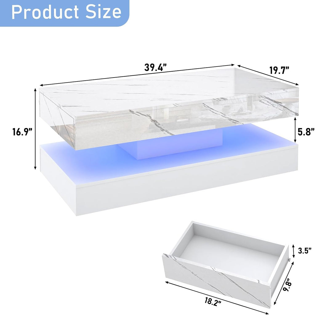 chartustriable 39.4' Large High-Glossy LED Coffee Table with 2 Sliding Drawers, Living Room Storage Coffee Tables with Marbling Print, Modern Stylish Double-Layer Center Tables w/LED Lights, White