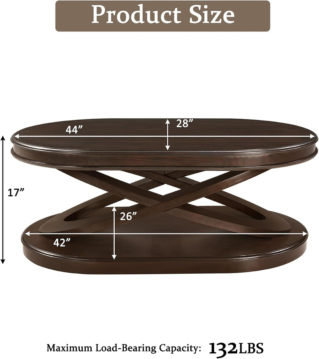 Vintage 2-Tier Oval Coffee Table 44-Inch Living Room Center Table Accent Furniture for Home Office, Easy Assembly & Durable, Espresso