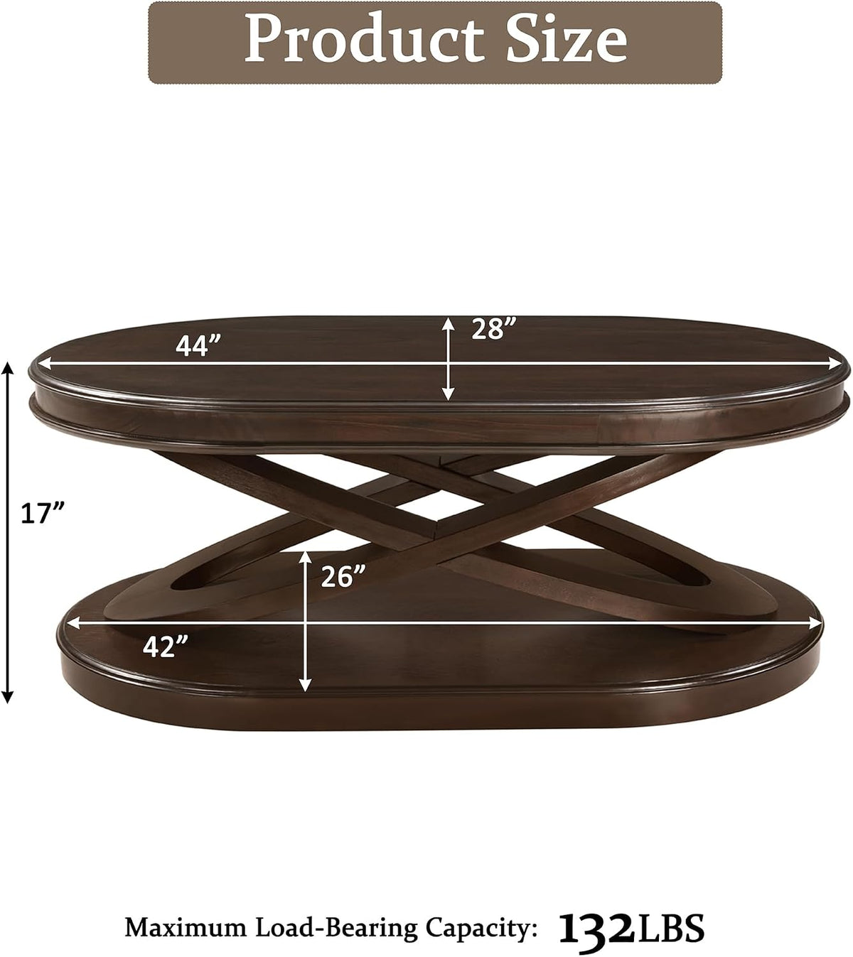 44 Inch Wood Oval Coffee Table with X-Shaped Base,Cocktail Table with Open Storage, Sofa Center Table for Living Room, Home Office