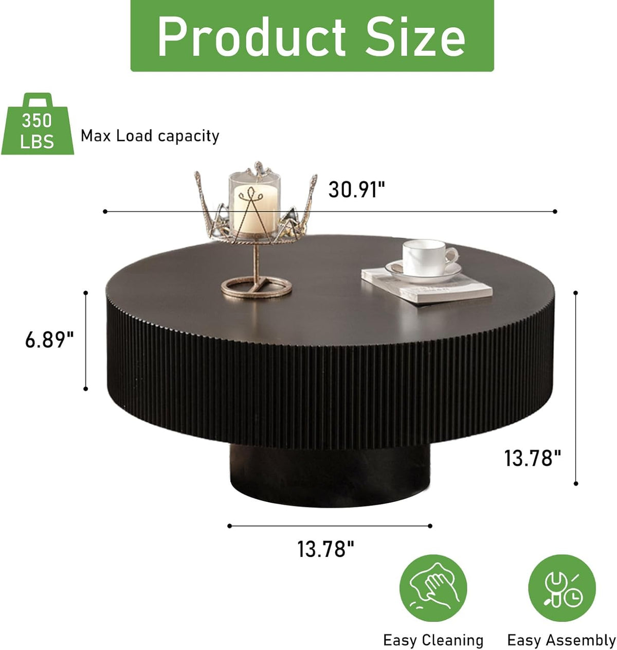 Modern Round Coffee Table for Living Room Drum Round Fluted Coffee Table Circular Pedestal Center Table for Office Patio (Black Thick)