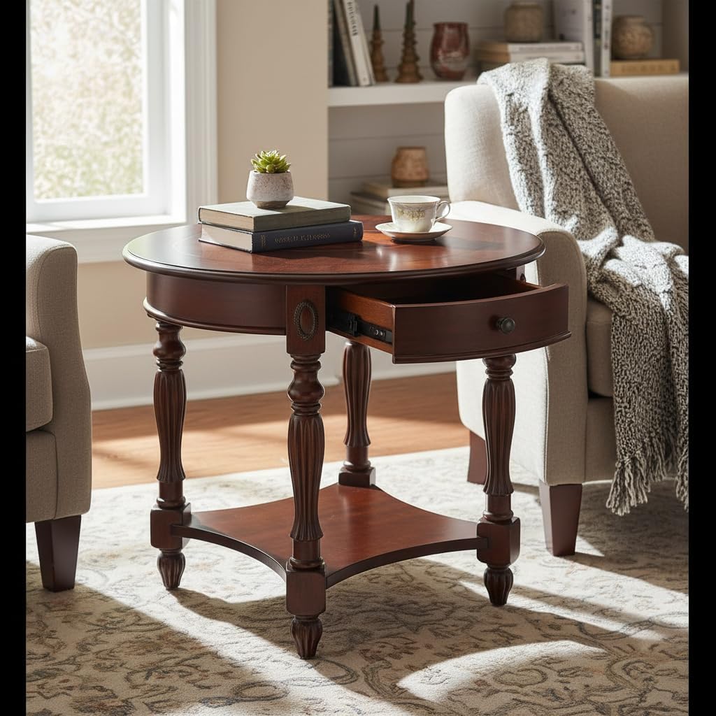 Solid Wood End Table with Drawer, Oval Sofa Side Table, Storage Shelf, Living Room Corner Table, Nightstand, 24'H Cherry Walnut CJZ1533WD-DR