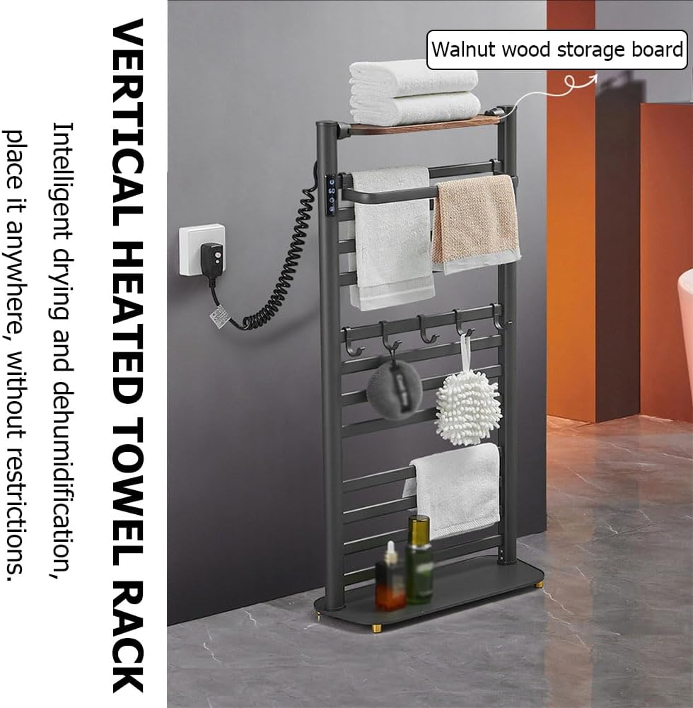 Modern Heated Towel Warmer Rack for Bathroom,Freestanding Electric Towel Heater with Hooks and Shelves,Timer&Temperature Adjustment,12 Bars Bath Towels Warming Holder,Left line