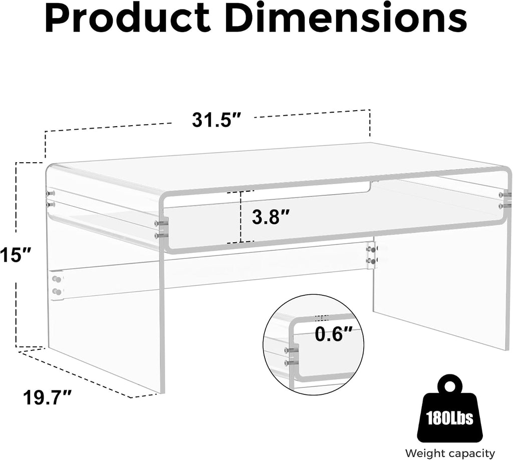 2-Tier Premium Acrylic Coffee Table, 31.5' D x 19.7' W x 15' H x 3/5'' Thick Clear Acrylic Coffee Table with Open Storage Shelf, Modern Clear Rectangle Coffee Table for Living Room, Office and Bedroom
