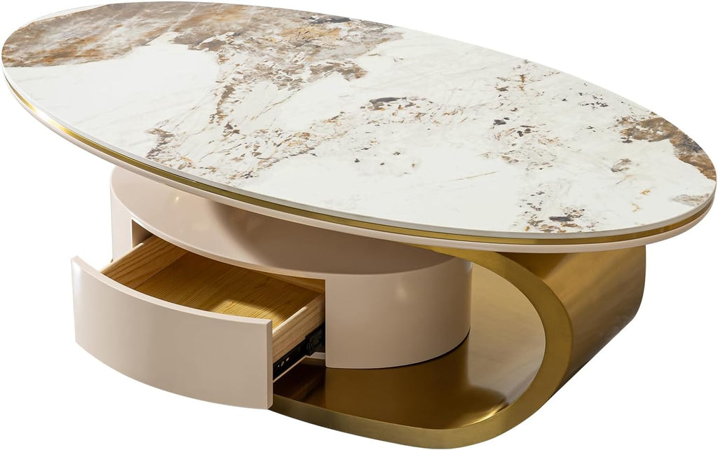 16.93' H Oval Coffee Table with Storage Drawer, Modern Center Tablet with Sintered Stone Tabletop and Marble Pattern, Luxury Coffee Tables with Gold Stainless Steel Base for Bedroom Home Office Beige