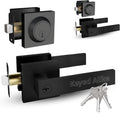 Mega Handles ROBELL Entrance Combo, Entry Lever Door Handle & Single Cylinder Deadbolt Lock & Key Pack, Heavy Duty Door Levers Set for Left or Right-Handed Doors - Matte Black (2 Pack) Keyed Alike