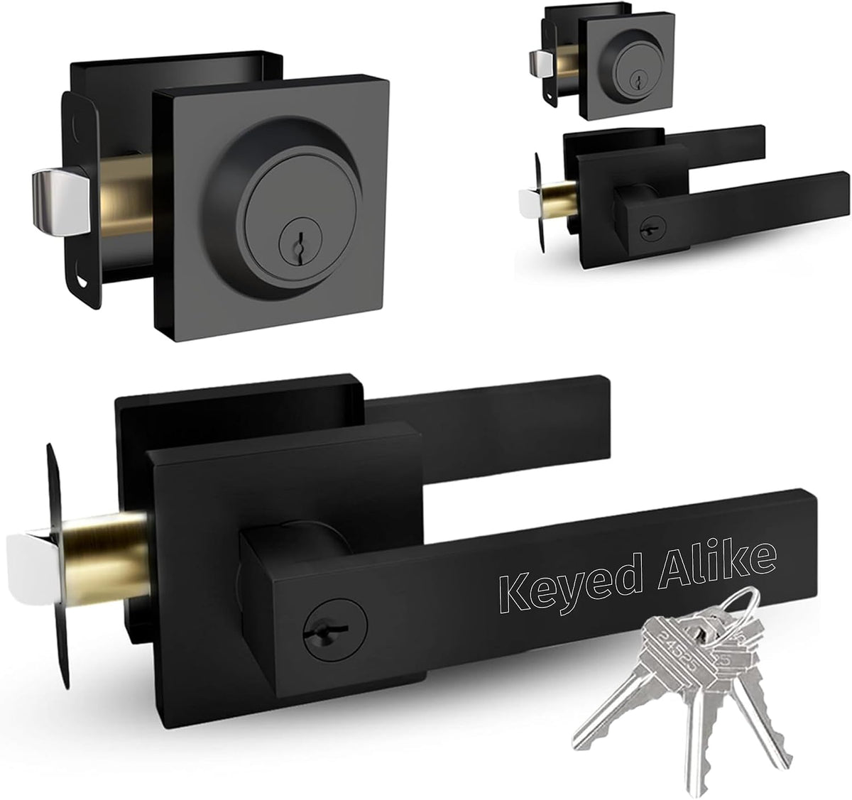 Mega Handles ROBELL Entrance Combo, Entry Lever Door Handle & Single Cylinder Deadbolt Lock & Key Pack, Heavy Duty Door Levers Set for Left or Right-Handed Doors - Matte Black (2 Pack) Keyed Alike