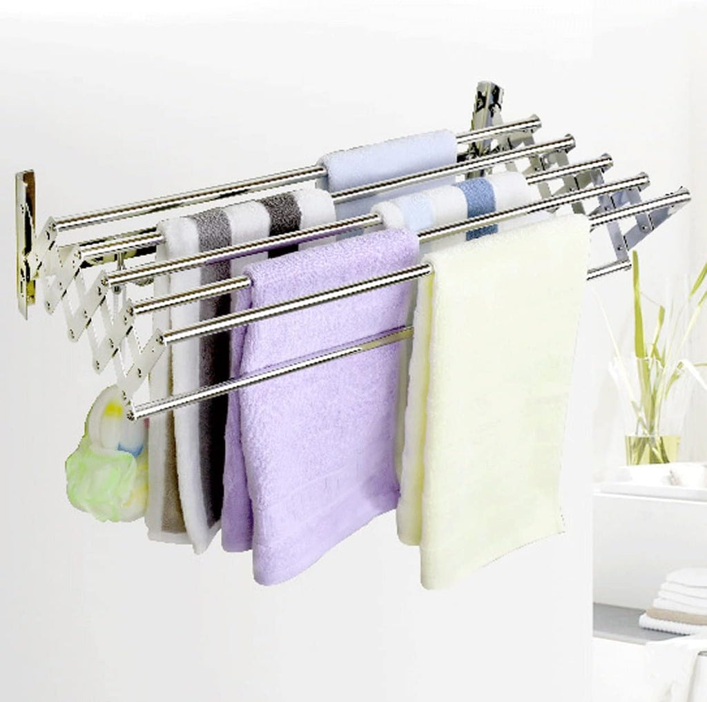 Clothes Horse - Wall Mounted Laundry Drying Rack - Extendable Towel Holder - with 6 Bar Towel Rail - for Hanging Clothes Dryer (Silver 60cm)
