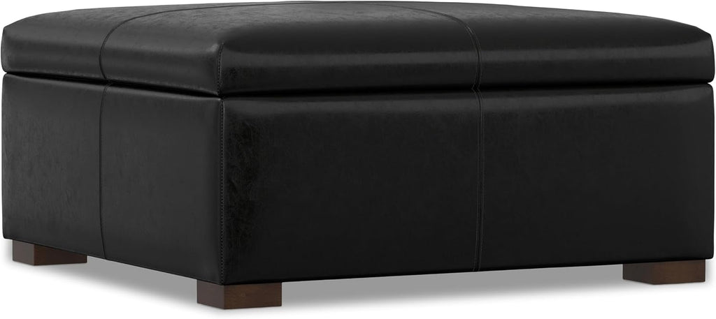 SIMPLIHOME Gabbie Storage Ottoman - 48 inch Wide Upholstered Vegan Leather Rectangle Storage Ottoman Bench in Midnight Black, Contemporary Ottoman for Living Room with Lift-Up Lid