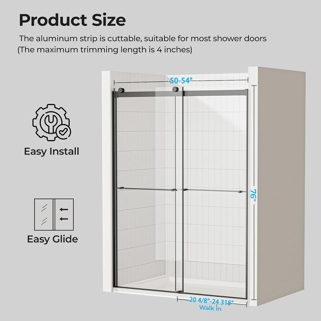 Bathbliss Frameless Sliding Shower Door, 54' W×76' H Matte Black Shower Glass Door, 5/16'(8mm) Clear Tempered Glass with Easy-Clean Coating and Towel Holder