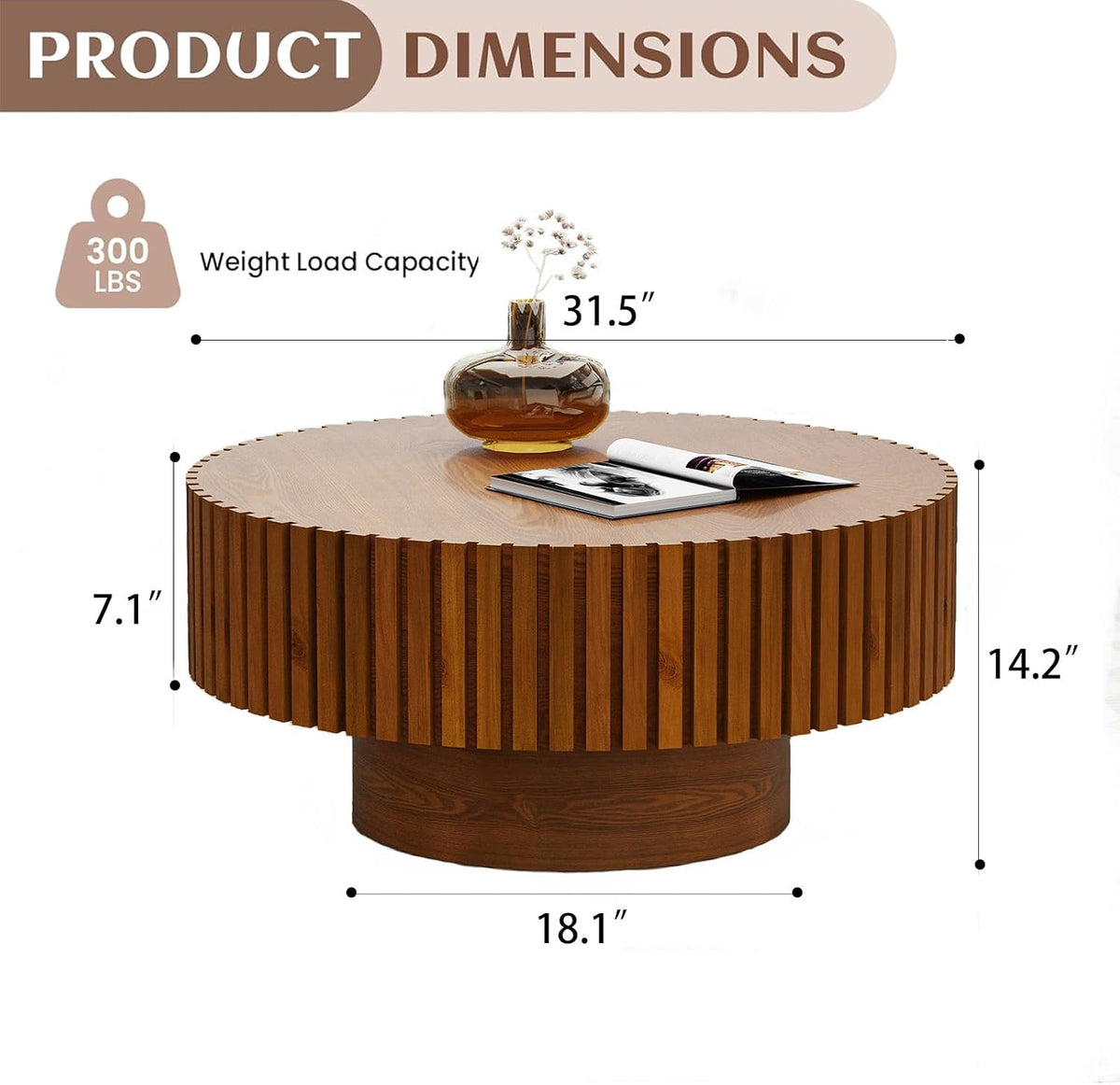 Modern Round Coffee Table for Living Room Drum Round Fluted Coffee Table Circular Pedestal Center Table for Office Patio (Round Wood)