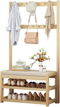 Floor-Standing Solid Wood Rotating Coat Rack，3 in 1 Entryway Hall Tree with 10 Hooks and 2 Tier Shoe Bench Wooden Coat Rack and Shoe Storage for Bedroom Hallway Office Beige (23.6inch)