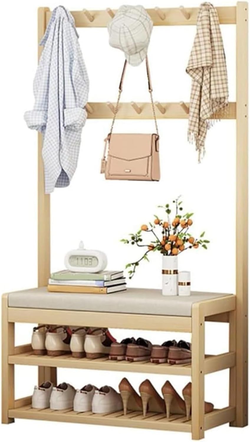 Floor-Standing Solid Wood Rotating Coat Rack，Entryway Hall Tree with 10 Hooks and 2 Tier Shoe Storage Bench Coat Rack Shoe Bench Combo for Bedroom Hallway Office Wood Coat Hat Stand Rod Bei