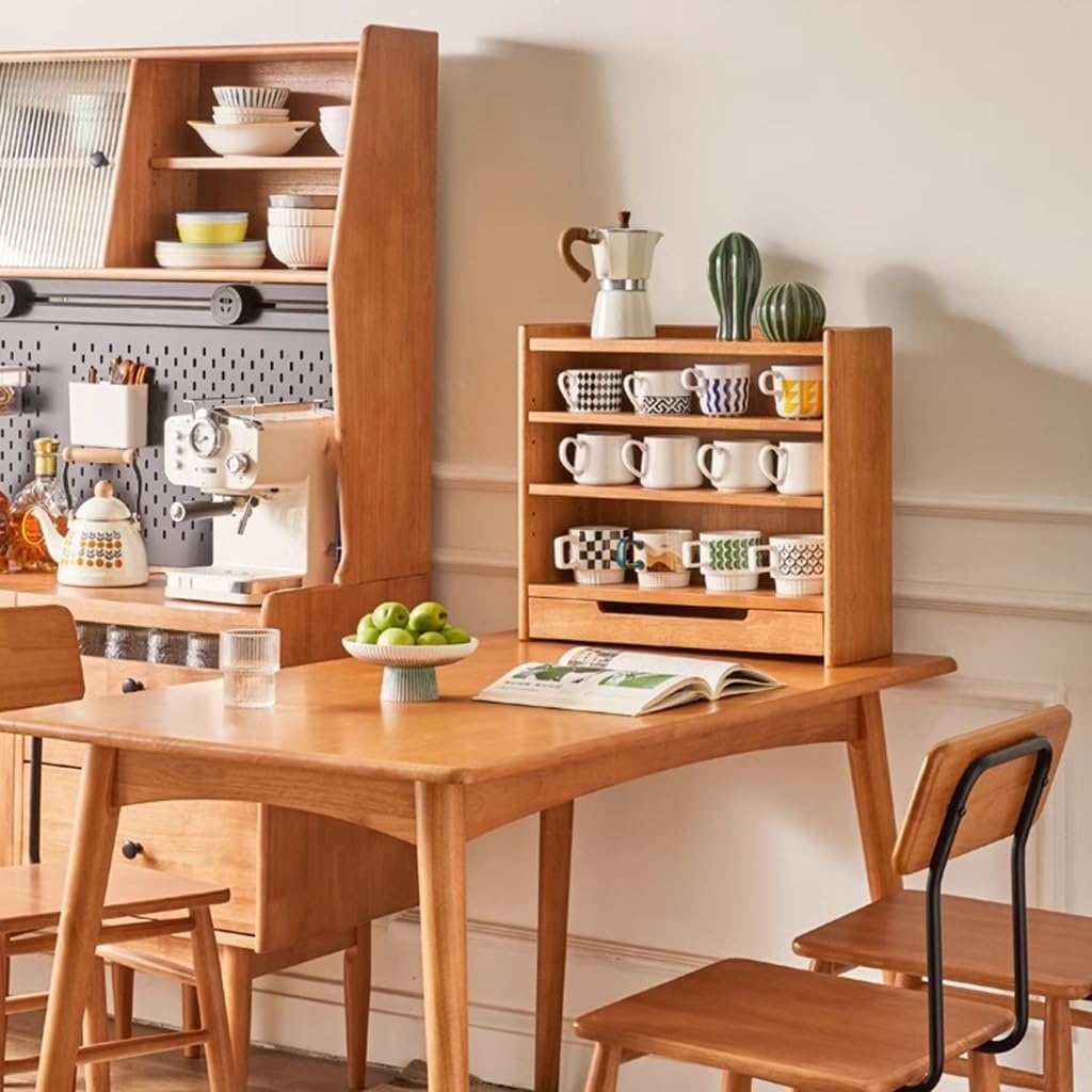 4 Tier Wooden Coffee Tabletop Rack Mug Rack Kitchen Spice Rack Adjustable Corner Shelf For Bathroom Counter Cosmetic Storage Spice Organization And Storage, 55*18*48.5cm, Brown