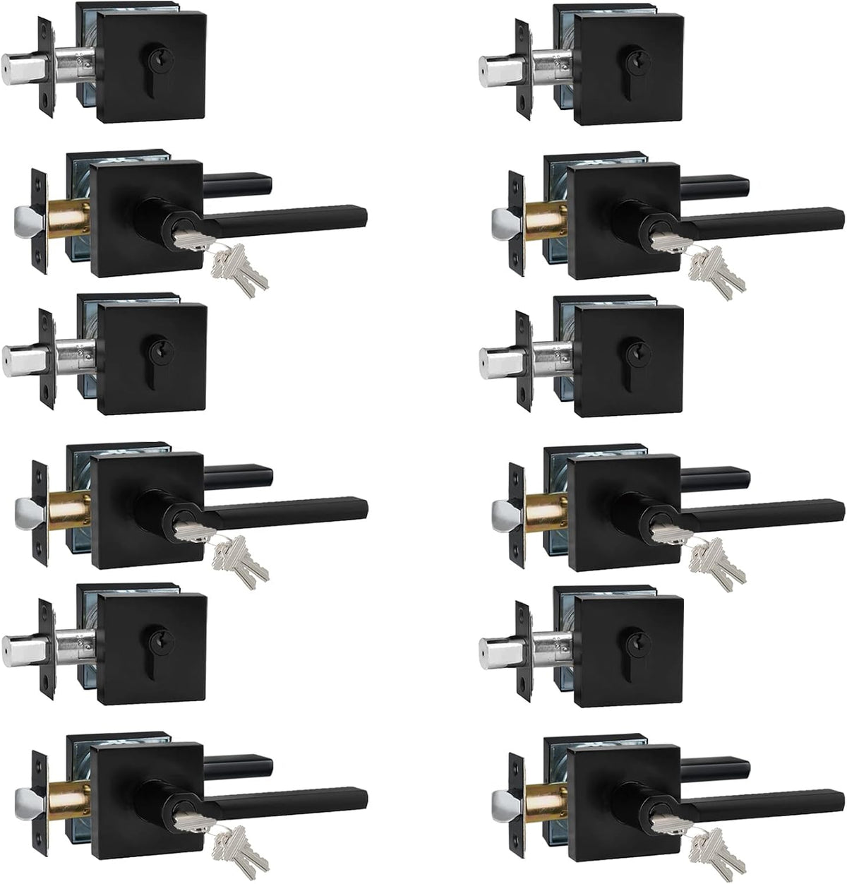 Keyed Entry Door Handle with Single Cylinder Deadbolt, Keyed Alike(Same Keys Only Per Set) Front Door/Exterior Door Lever Lockset, Matte Black, 6 Sets of Locks with 6 Sets of Different Keys