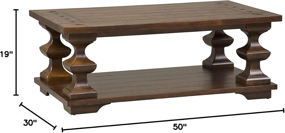 Pemberly Row Traditional Wood Cocktail Table, Brown Finish, Spanish Style Turned Legs, Heavy Planked Top, Bottom Shelf, Square Peg Accents, 50 in Wide Coffee Table for Living Room Storage and Display