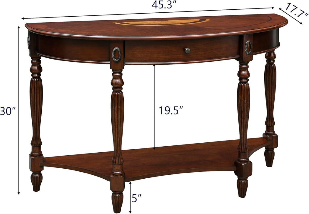 Solid Wood Semi-Circle Sofa Table with Drawer, 45.3' Traditional Living Room Console Table with Open Bottom Shelf 2-Tier Vintage Elliptical Entry Table for Home Office,Cherry Walnut SFZ1533