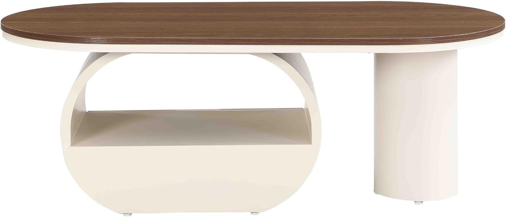 Coffee Table of 2,Oval Central Table with Wood/Marble Grain Top and Drawer,Modern Tea Table for Living Room Bedroom