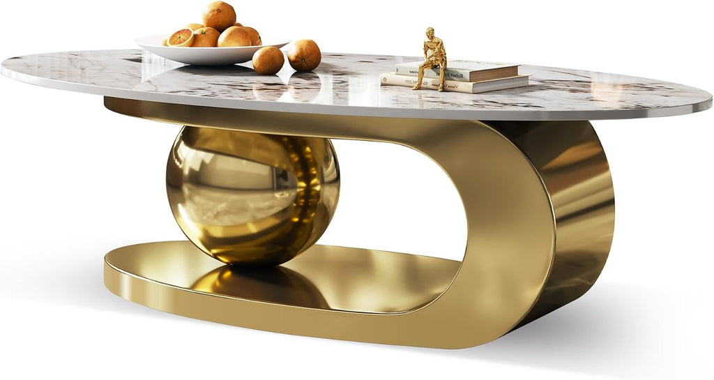 Oval Coffee Table with Sintered Stone Top, 49' Luxury Modern Center Table with Marble Pattern Table Top & Gold Stainless Steel Base, Easy to Clean C-Shape Unique Furniture for Living Room