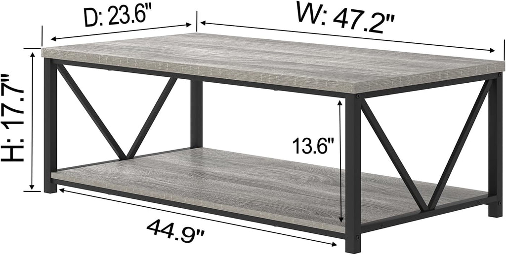 FOLUBAN Coffee Table, Modern Rectangle Living Room Table with Storage Shelf, Rustic Wood and Metal Center Table, Light Grey, 47 Inch