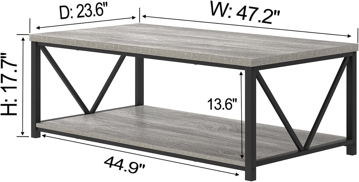 FOLUBAN Coffee Table, Modern Rectangle Living Room Table with Storage Shelf, Rustic Wood and Metal Center Table, Light Grey, 47 Inch