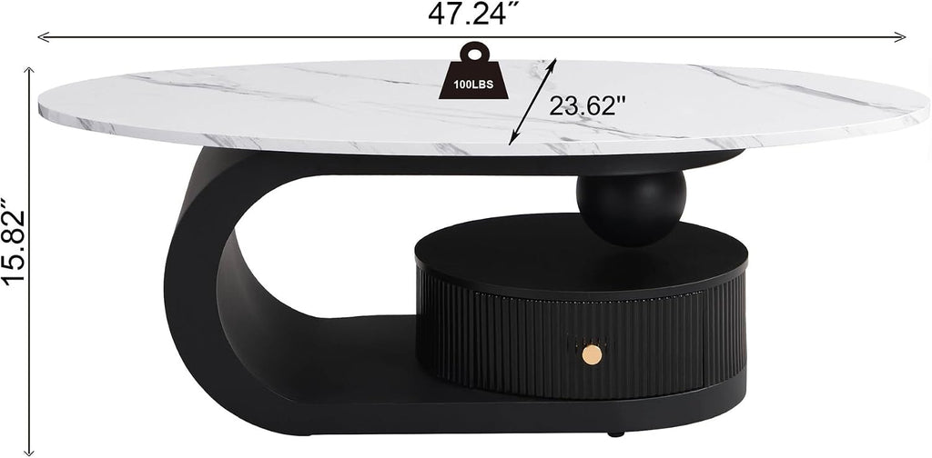 SSLine Luxury Nesting Coffee Table Set with Black Base Modern Faux Marble Living Room Table Set of 2 Include Oval Coffee Table with Drawer and End Table for Living Room Bedroom