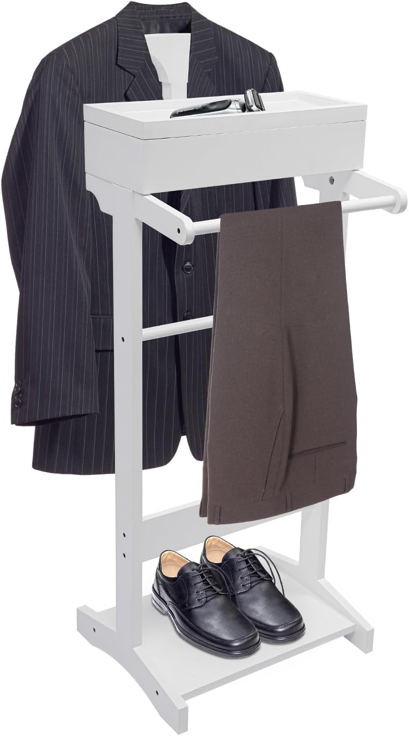 TFCFL Suit Valet Stand, Wooden Suit Rack for Men and Women, Clothes Valet Stand with Drawer & Trouser Holder, Mens Valet Stand, Valet Stand for Bedrooms, Living Rooms, Hallways, Foyers (White)