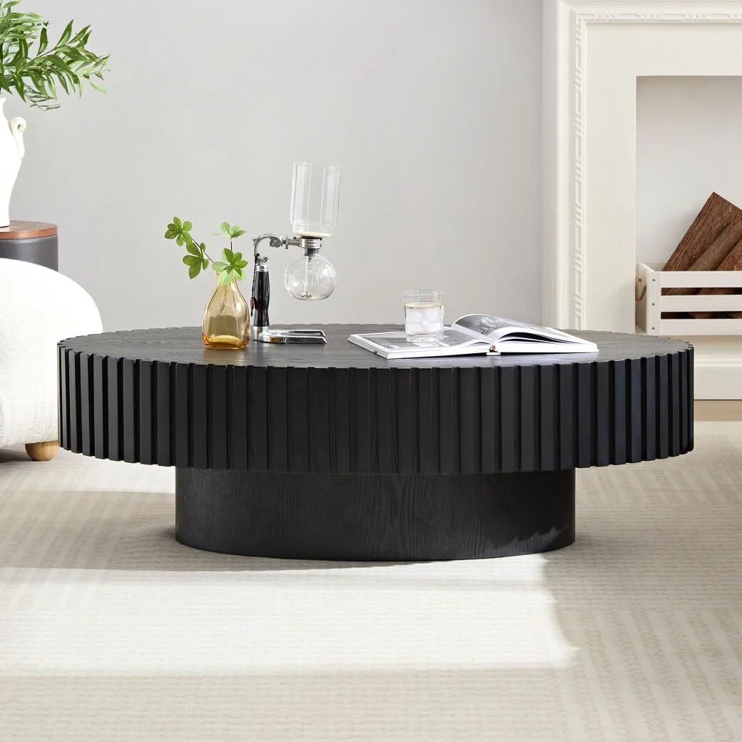 Oval Drum Coffee Table 43.3'' Handcraft Fluted Coffee Table Modern Unique Circle Accent Center Table for Living Room with Sturdy Pedestal Gear Easy Assembly for Small Space,43' Oval Black