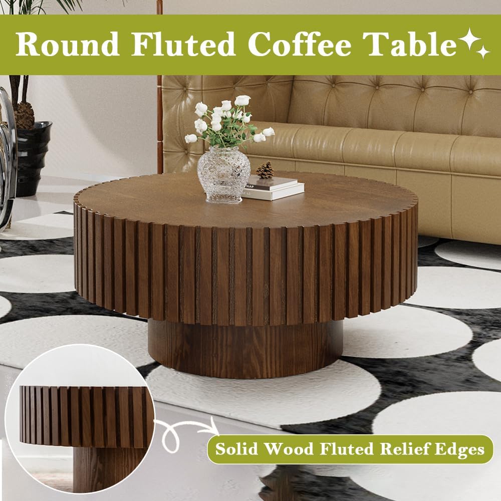 Round Coffee Table for Living Room Round Fluted Drum Coffee Table Modern Brown Fluted Drum Coffee Tables for Living Room (D Walnut 31in)