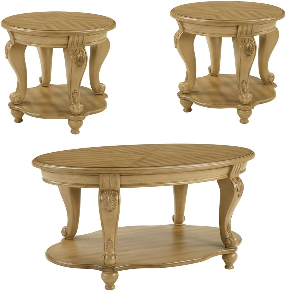 Coffee Table and End Table Sets, Oval Wood Coffee Table and Round End Table Set of 2 for Living Room, Victorian Vintage Center Table Set of 3 for Office