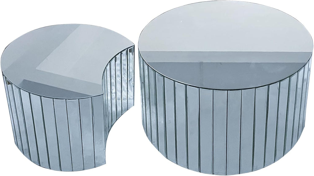 Mirrored Round Nesting Coffee Table Set of 2 Modern Mirror Glass Small Coffee Tables Circle Drum Accent Side End Table for Small Space Living Room Bedroom,No Need Assembly