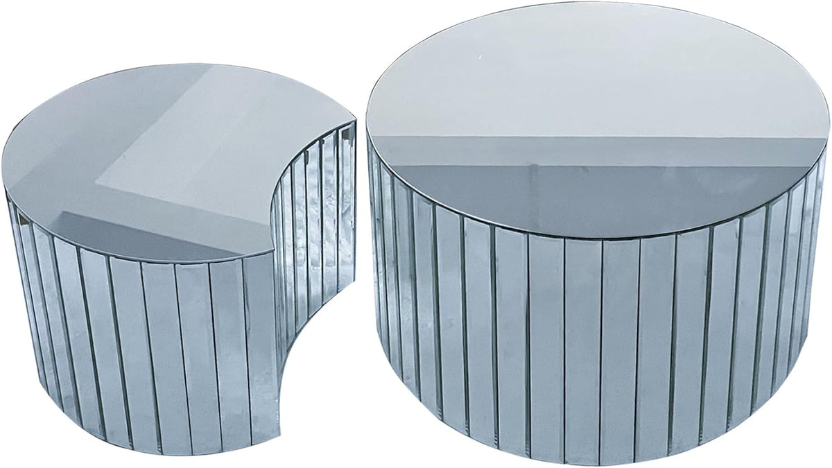Mirrored Round Nesting Coffee Table Set of 2 Modern Mirror Glass Small Coffee Tables Circle Drum Accent Side End Table for Small Space Living Room Bedroom,No Need Assembly